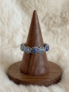 Handmade Blue Quartz Bead Ring Silver Tone Wire Wrap Size 6
